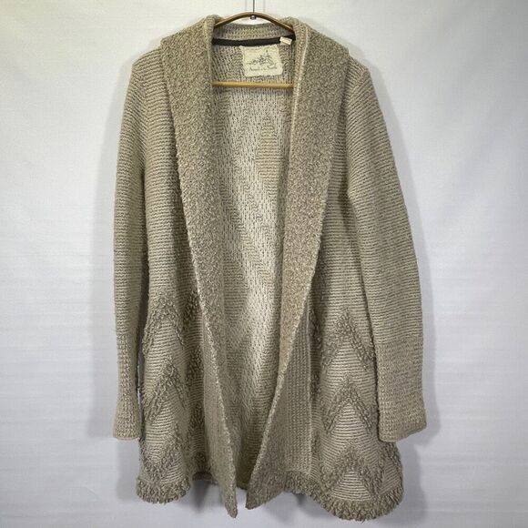 Angel Of The North Sweaters - Angels Of The North Beige Equinox Wool Chevron Knit Open Front Cardigan Medium